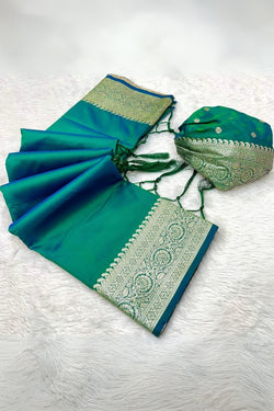 Cynosure Rama Soft Banarasi Silk Saree With Panache Blouse Piece
