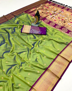 Prominent Green Paithani Silk Saree With Imbrication Blouse Piece