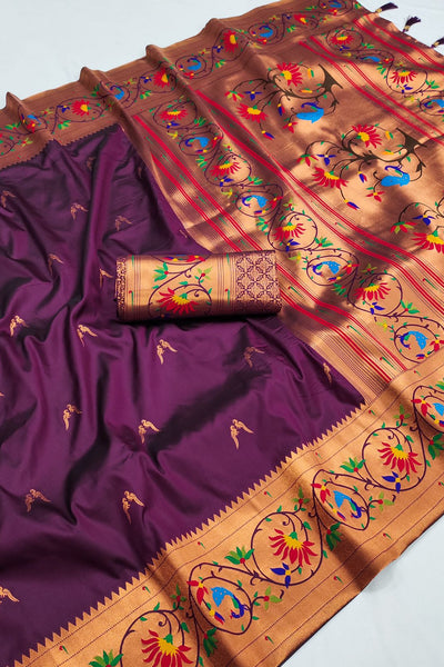 Smart Wine Paithani Silk Saree With Captivating Blouse Piece