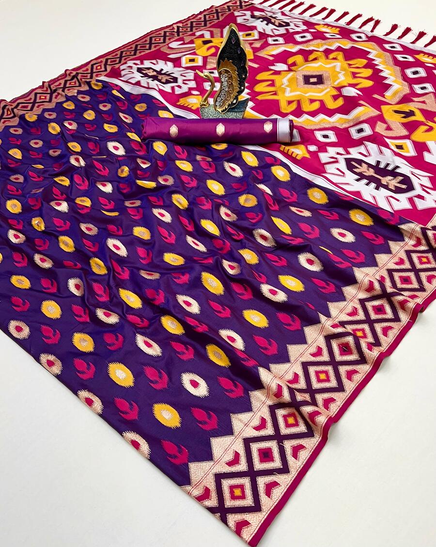 Elaborate Purple Soft Banarasi Ikkat Saree With Desirable Blouse Piece