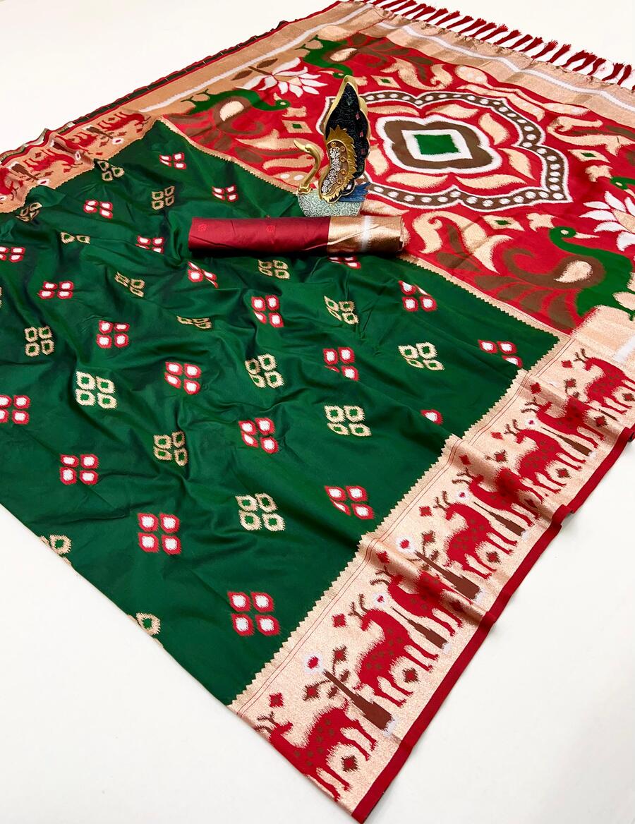 Groovy Dark Green Soft Banarasi Ikkat Saree With Diaphanous Blouse Piece