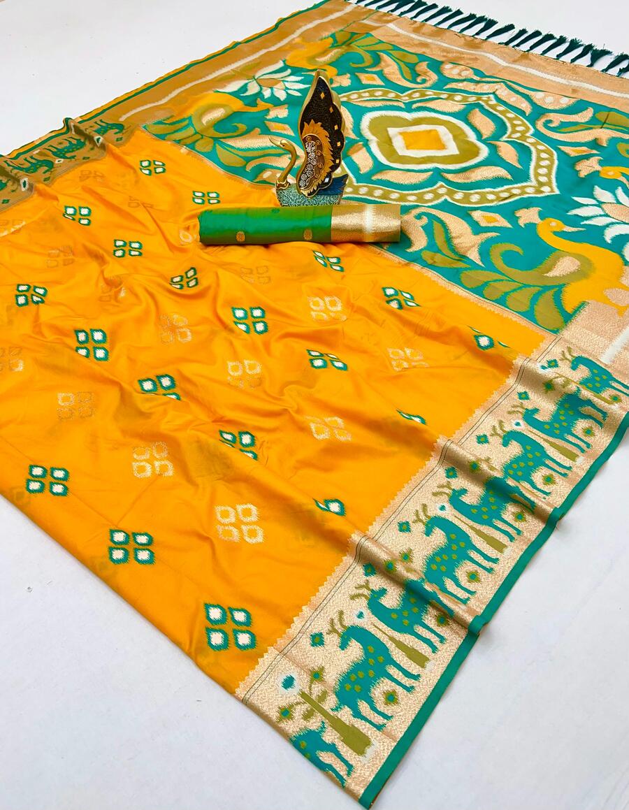 Ratatouille Yellow Soft Banarasi Ikkat Saree With Captivating Blouse Piece