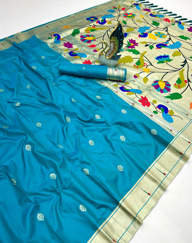 Amazing Firozi Paithani Silk Saree With Charismatic Blouse Piece