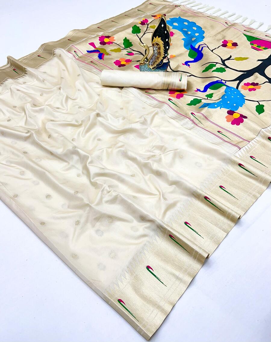 Designer Off White Paithani Silk Saree With Pulsating Blouse Piece