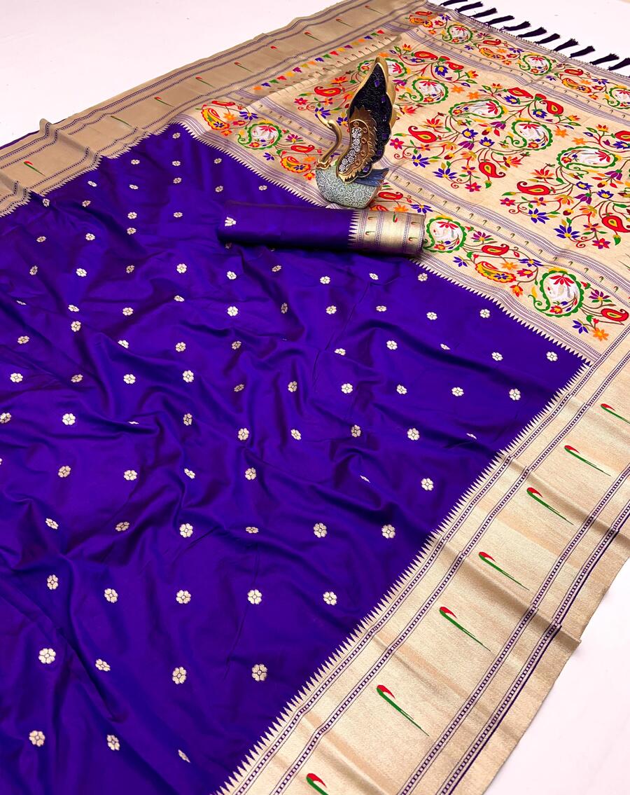 Phenomenal Royal Blue Paithani Silk Saree With Beguiling Blouse Piece