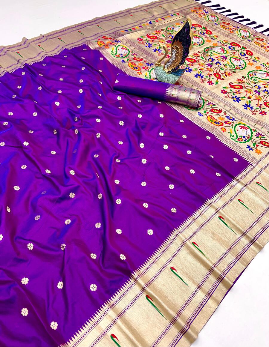 Exuberant Royal Purple Paithani Silk Saree With Artistic Blouse Piece