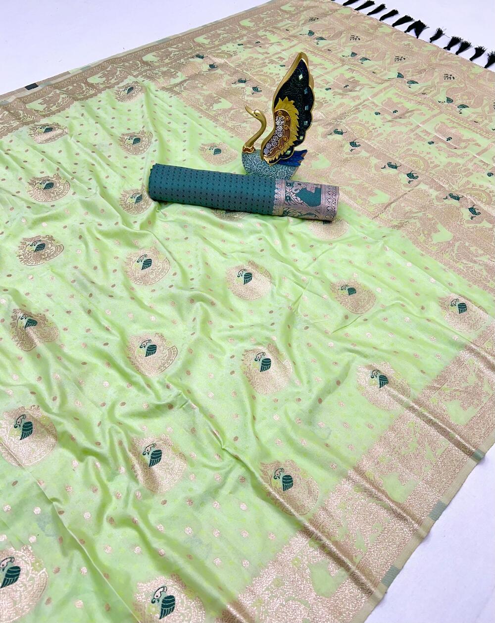 Opulent Pista Cotton Silk Saree With Grandiose Blouse Piece