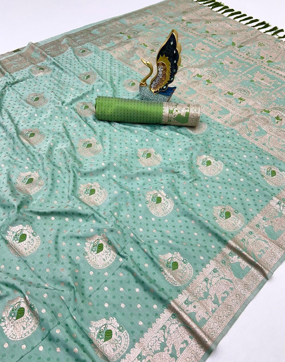 Precious Sea Green Cotton Silk Saree With Impressive Blouse Piece