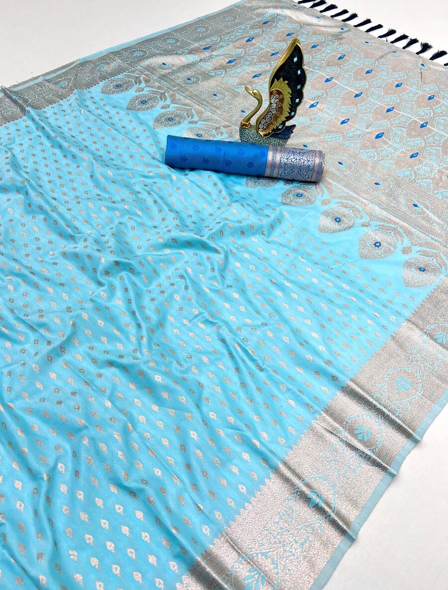 Splendorous Sky Soft Banarasi Silk Saree With Most Flattering Blouse Piece