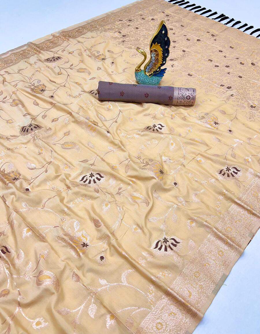 Adorable Beige Soft Banarasi Silk Saree With Ratatouille Blouse Piece