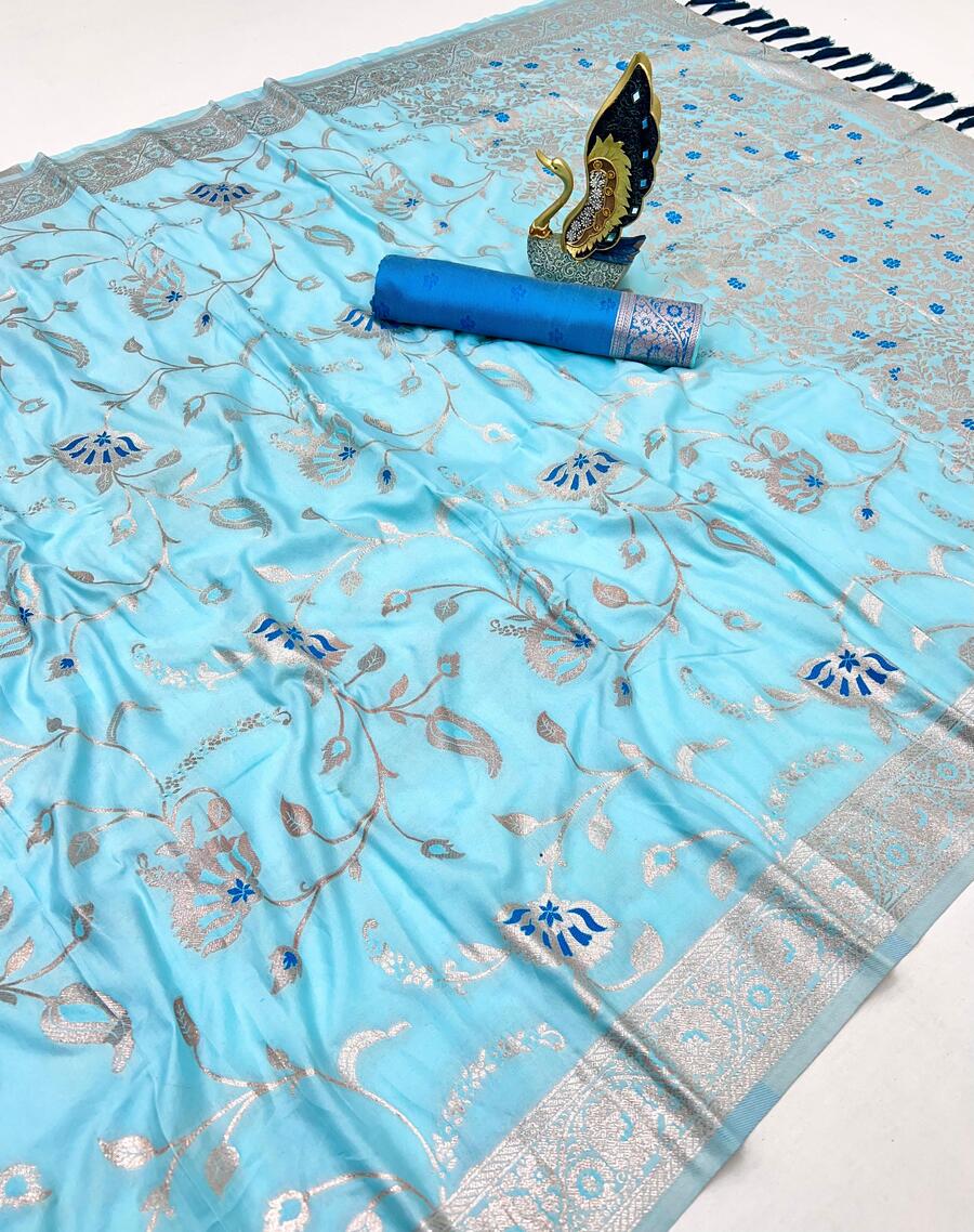 Chatoyant Sky Soft Banarasi Silk Saree With Majesty Blouse Piece