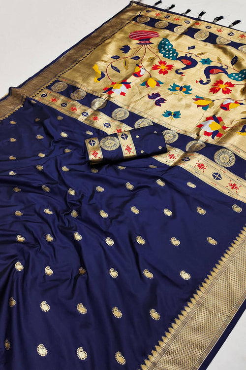 Load image into Gallery viewer, Lissome Navy Blue Paithani Silk Saree With Moiety Blouse Piece
