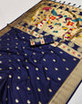 Lissome Navy Blue Paithani Silk Saree With Moiety Blouse Piece