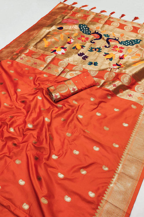 Load image into Gallery viewer, Woebegone Orange Paithani Silk Saree With Staggering Blouse Piece
