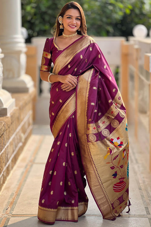 Load image into Gallery viewer, Alluring Purple Paithani Silk Saree With Sonorous Blouse Piece
