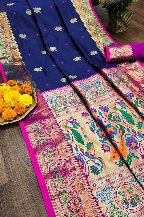 Load image into Gallery viewer, Enamoring Navy Blue Paithani Silk Saree With Majestic Blouse Piece
