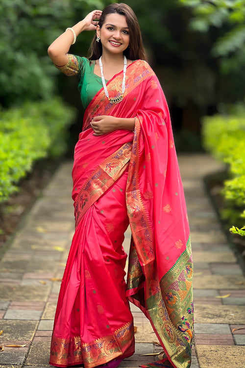 Load image into Gallery viewer, Tempting Pink Paithani Silk Saree With Felicitous Blouse Piece
