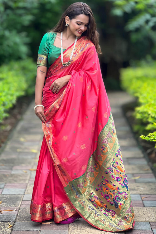 Load image into Gallery viewer, Tempting Pink Paithani Silk Saree With Felicitous Blouse Piece
