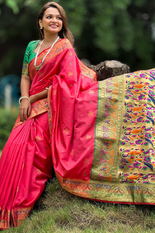 Load image into Gallery viewer, Tempting Pink Paithani Silk Saree With Felicitous Blouse Piece
