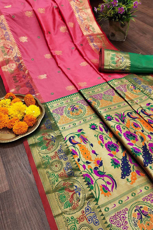 Load image into Gallery viewer, Tempting Pink Paithani Silk Saree With Felicitous Blouse Piece
