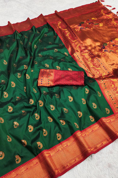 Flattering Dark Green Paithani Silk Saree With Lovely Blouse Piece