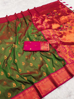 Skinny Mehndi Paithani Silk Saree With Adorning Blouse Piece
