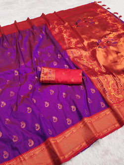 Intricate Purple Paithani Silk Saree With Designer Blouse Piece