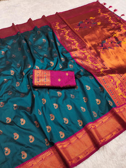 Angelic Teal Blue Paithani Silk Saree With Beauteous Blouse Piece
