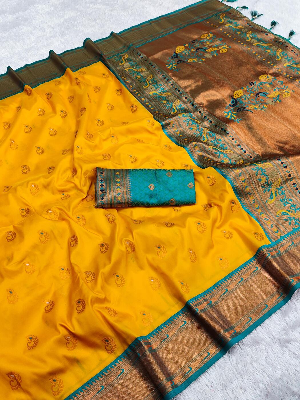 Beleaguer Yellow Paithani Silk Saree With Chatoyant Blouse Piece