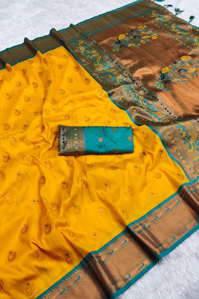 Beleaguer Yellow Paithani Silk Saree With Chatoyant Blouse Piece