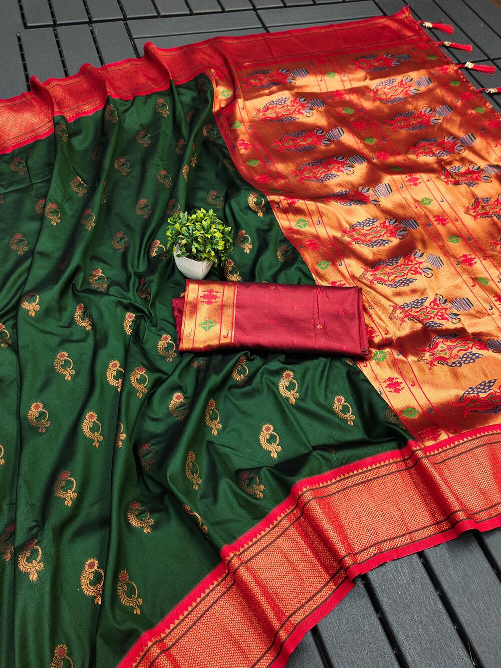 Mesmeric Dark Green Paithani Silk Saree With Adoring Blouse Piece