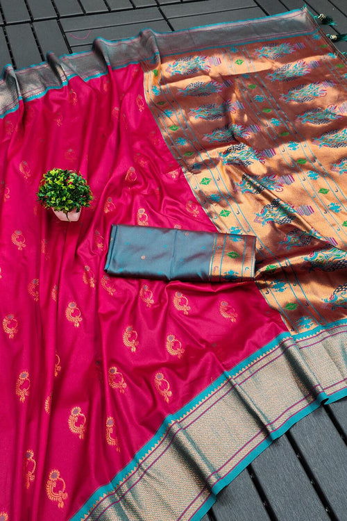 Load image into Gallery viewer, Comely Dark Pink Paithani Silk Saree With Assemblage Blouse Piece
