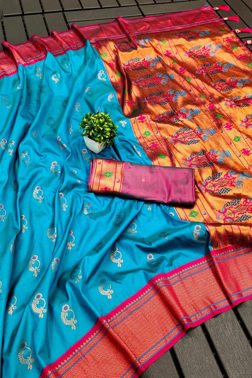 Load image into Gallery viewer, Dalliance Firozi Paithani Silk Saree With Embrocation Blouse Piece
