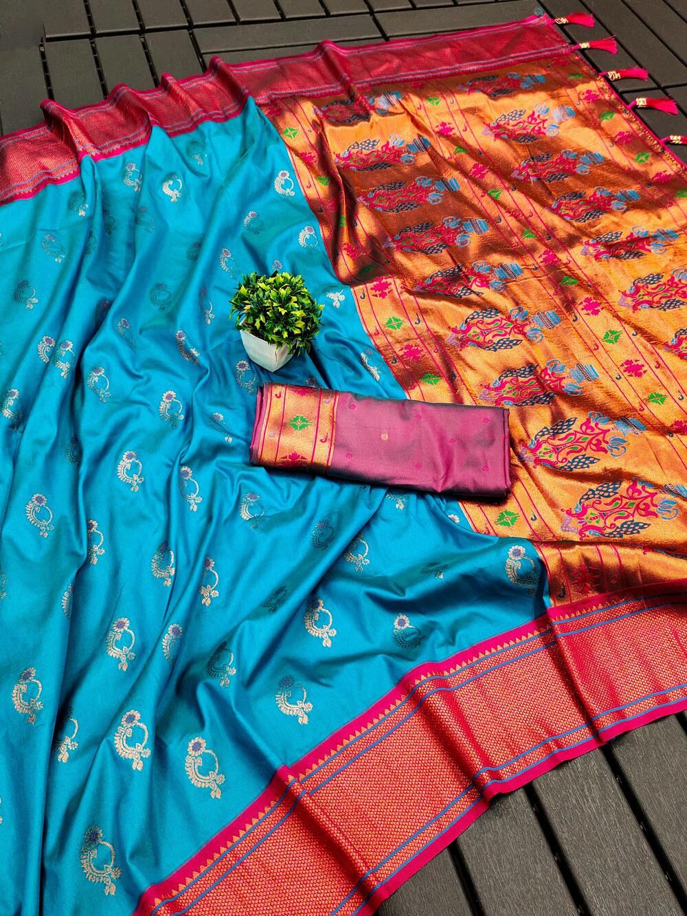 Dalliance Firozi Paithani Silk Saree With Embrocation Blouse Piece