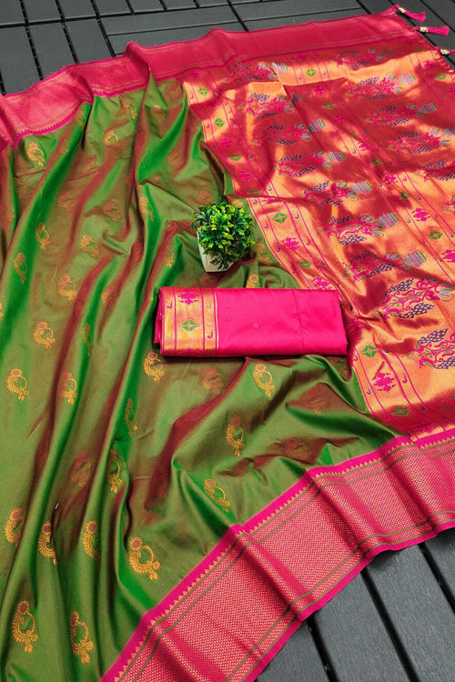 Load image into Gallery viewer, Murmurous Mehndi Paithani Silk Saree With Pleasurable Blouse Piece
