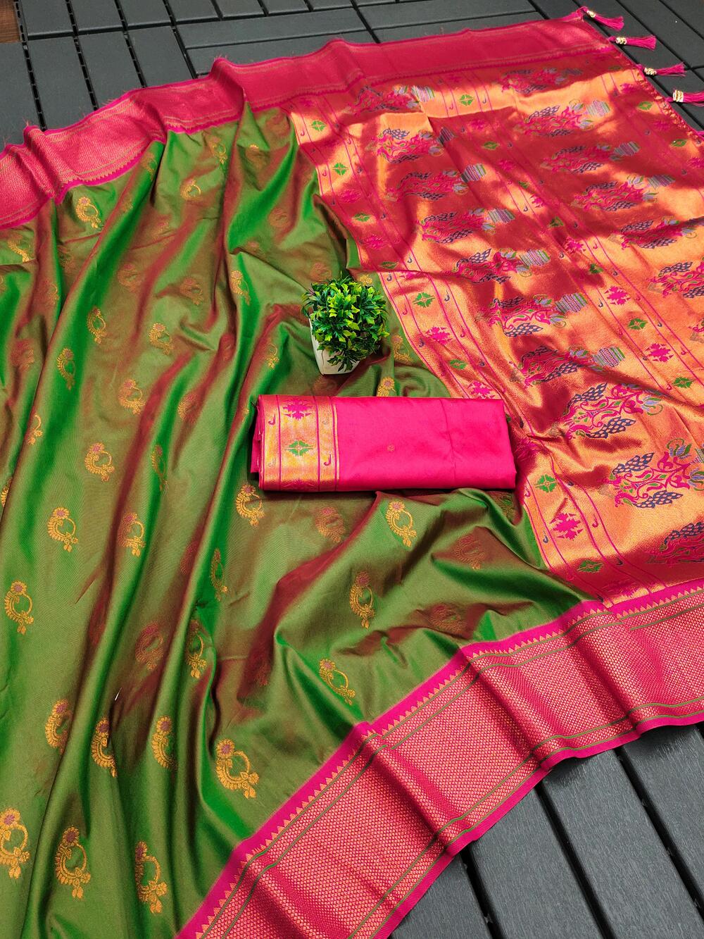 Murmurous Mehndi Paithani Silk Saree With Pleasurable Blouse Piece