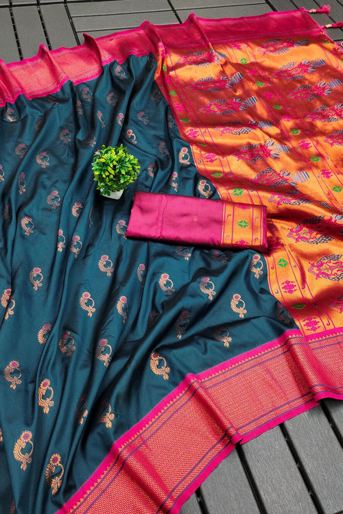 Load image into Gallery viewer, Nebula Teal Blue Paithani Silk Saree With Cynosure Blouse Piece
