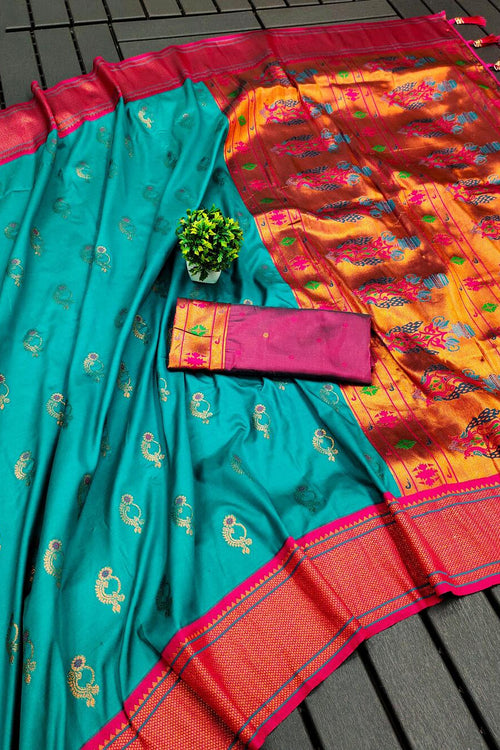 Load image into Gallery viewer, Inimitable Turquoise Paithani Silk Saree With Vibrant Blouse Piece
