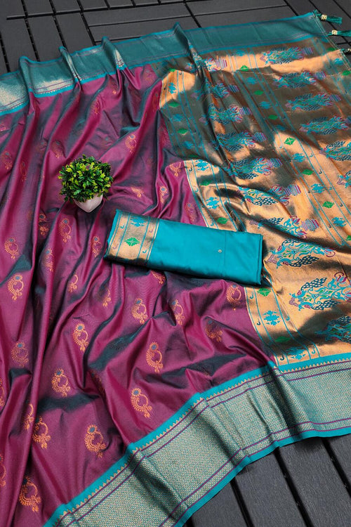 Load image into Gallery viewer, Seraphic Wine Paithani Silk Saree With Glamorous Blouse Piece
