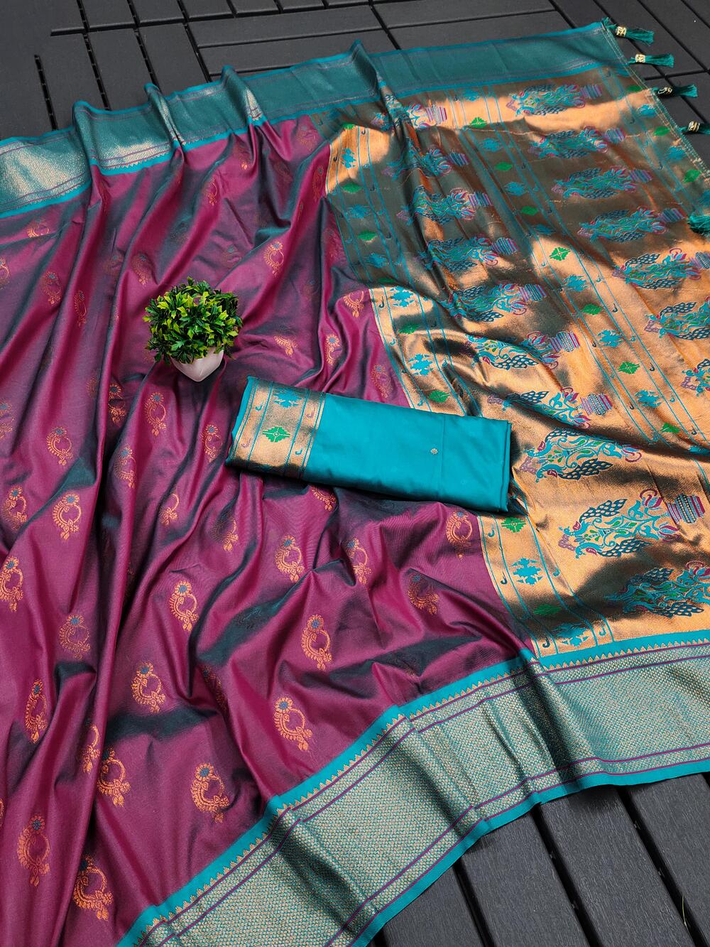 Seraphic Wine Paithani Silk Saree With Glamorous Blouse Piece