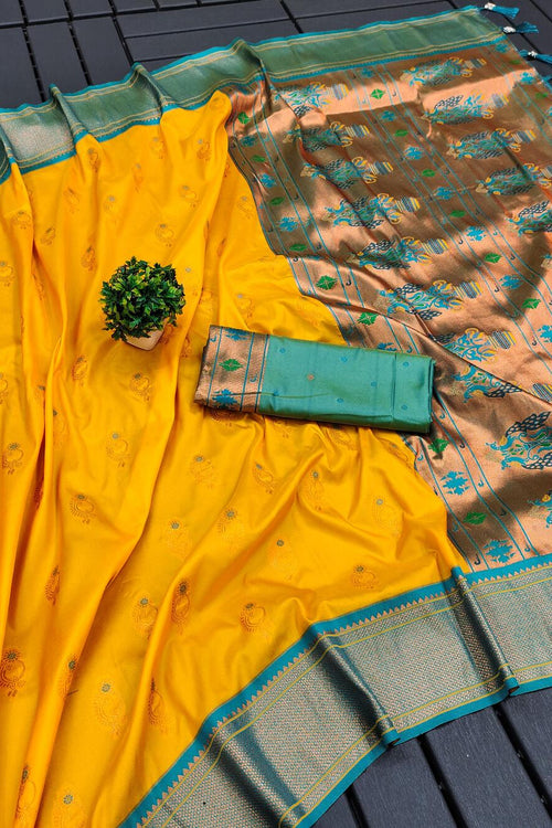 Load image into Gallery viewer, Vibrant Yellow Paithani Silk Saree With Panache Blouse Piece
