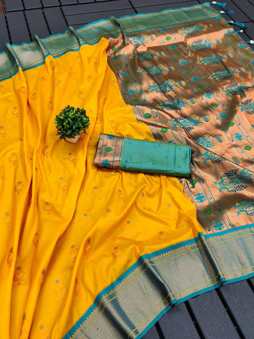 Vibrant Yellow Paithani Silk Saree With Panache Blouse Piece