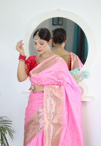 Energetic Baby Pink Paithani Silk Saree With Unique Blouse Piece