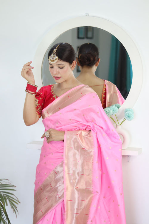 Load image into Gallery viewer, Energetic Baby Pink Paithani Silk Saree With Unique Blouse Piece
