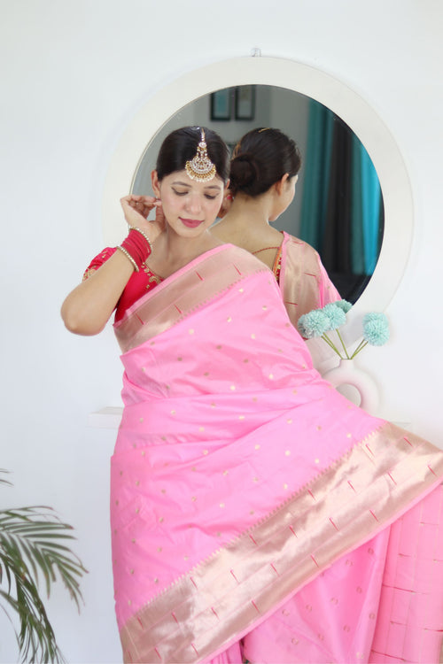 Load image into Gallery viewer, Energetic Baby Pink Paithani Silk Saree With Unique Blouse Piece
