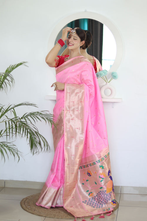 Load image into Gallery viewer, Energetic Baby Pink Paithani Silk Saree With Unique Blouse Piece
