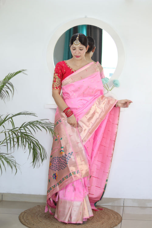 Load image into Gallery viewer, Energetic Baby Pink Paithani Silk Saree With Unique Blouse Piece
