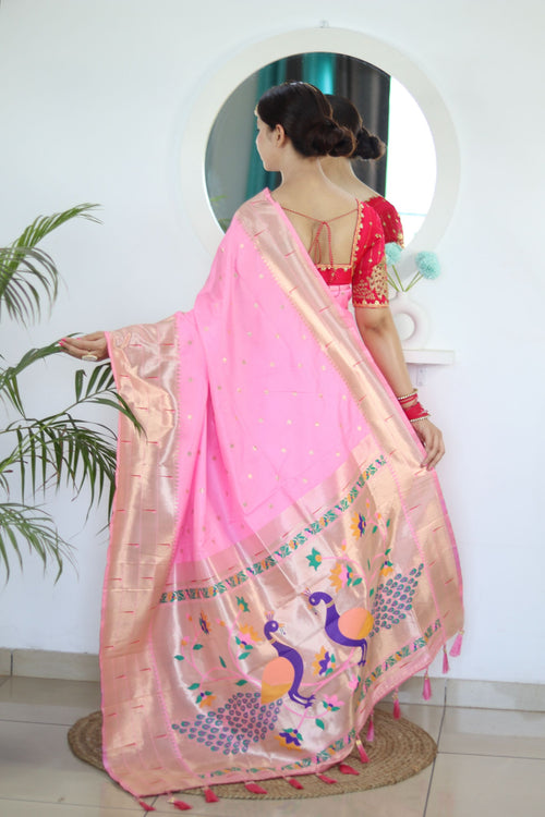 Load image into Gallery viewer, Energetic Baby Pink Paithani Silk Saree With Unique Blouse Piece
