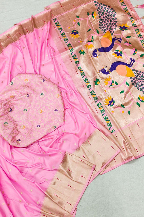 Load image into Gallery viewer, Energetic Baby Pink Paithani Silk Saree With Unique Blouse Piece
