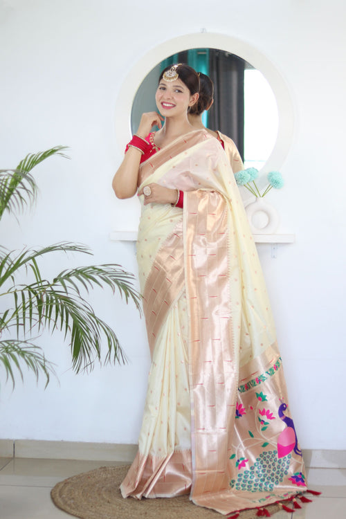 Load image into Gallery viewer, Sizzling Beige Paithani Silk Saree With Girlish Blouse Piece
